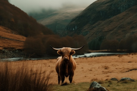 Highland cow in scotland valley. Generative AIの素材