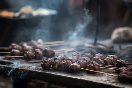 Skewered meat barbecue, charcoalgrilled kebab, outdoor skewer cooking, kofta, ground meat skewers. Generative AIの素材