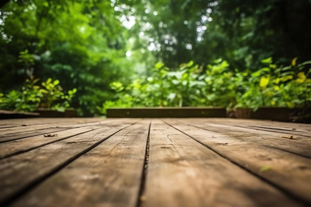 Wooden floor in the garden with green nature background. Generative AIの素材