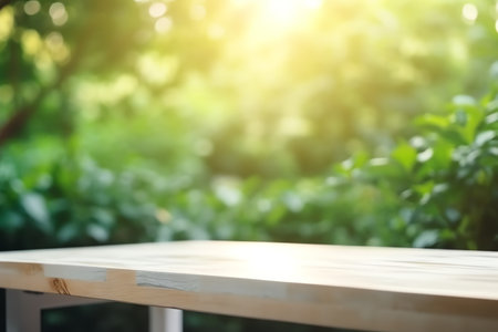 Empty white wooden table top with out of focus lights bokeh green garden background behind window and green plant. Generative AIの素材