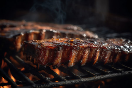 Bbq ribs, grilled ribs on grill grate with fire, closeup view, summer picnic outdoors, technology. Generative AIの素材