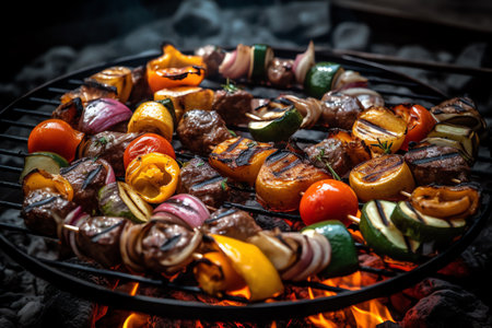 Delicious grilled meat with vegetables sizzling over the coals on a barbecue. Generative AIの素材