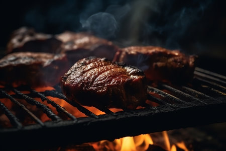 Barbecue party, juicy grilled meat, grilling steak on a fire grill. Generative AIの素材