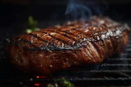 Closeup of juicy steak on grill. Generative AIの素材