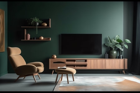 Modern interior of living room with armchair and cabinet, tv on dark green color wall background. Generative AIの素材