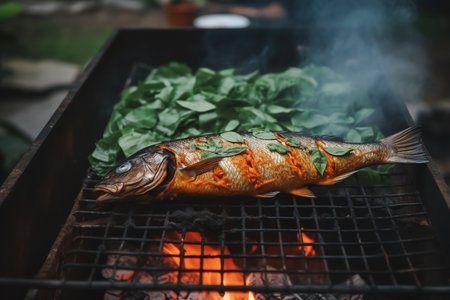A fish is cooking on a grill with a lot of sauce on its side and a bunch of green leaves on its side. Generative AIの素材