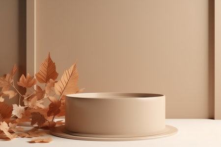3D render of beige minimal product display podium with autumn leaves, minimalist pedestal stand, cosmetic products. Generative AIの素材