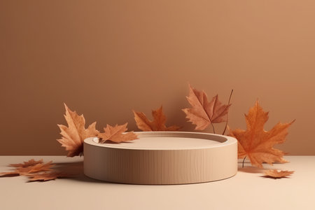 3D render of beige minimal product display podium with autumn leaves, minimalist pedestal stand, cosmetic products. Generative AIの素材