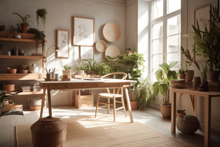 Scandinavian style interior study room with a natural wood desk, a table lamp and a chair to work, and the sun is illuminating brightly the room, the framed pictures on the wall and the potted plants. Generative AIの素材
