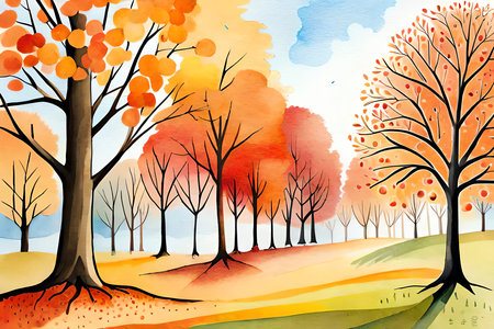 Watercolor autumn landscape with trees and grass. Hand drawn illustration.の素材