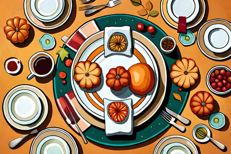 Autumn table setting with pumpkins, berries and coffee. Vector illustration.の素材