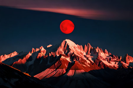 A red moon rising over a mountain with a red sky. Generative AIの素材