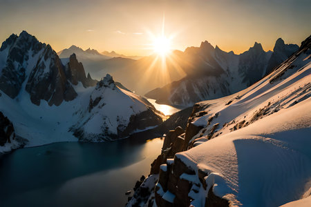 Majestic snowcapped mountains rising above the horizon, bathed in golden sunlight. Generative AIの素材