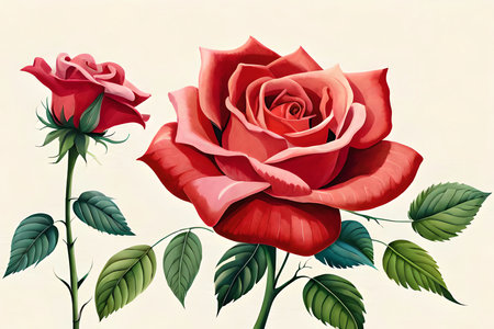 Set red rose, beautiful flower on an isolated white background, watercolor illustration, botanical painting. Generative AIの素材