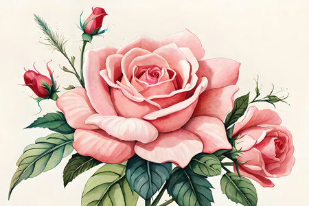 Drawing with watercolor bouquet of roses and buds, botanical illustration, composition of pink roses and garden herbs. Generative AIの素材