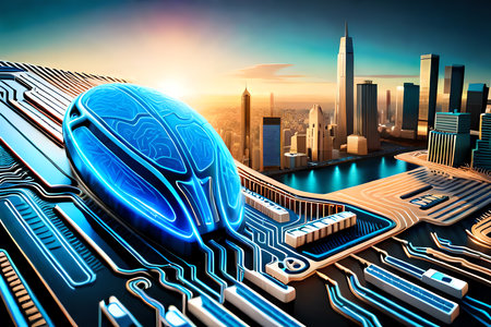 3D rendering of artificial intelligence hardware concept, glowing blue brain circuit on microchip on computer motherboard, big data processing, ai trading, machine learning, technology background. Generative AIの素材