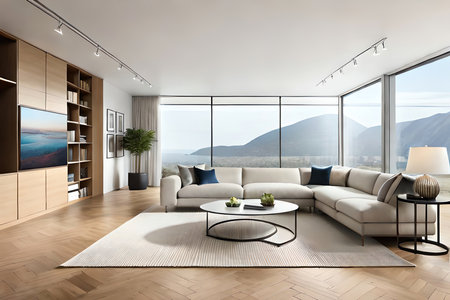 A beautiful living room with elegant wool texture and modern birchwood decor. Generative AIの素材