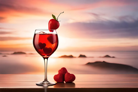 Cocktail Drink Toast For The Saint Valentine'S Romantic Dinner Or Wedding , Two Glasses, Shiny Red Bokeh Background, Copy Text Space. Generative AIの素材