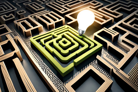 Concept idea of brain maze inspiration success thinking and creativity, surreal art, conceptual 3d illustration, light bulb in labyrinth. Generative AIの素材