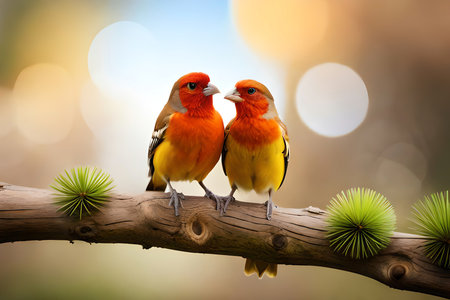 Couple Of Romantic Finch Birds On A Branch. Love Concept. Generative AIの素材