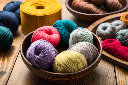 Skeins, hanks, balls and colored wool yarns. Generative AIの素材