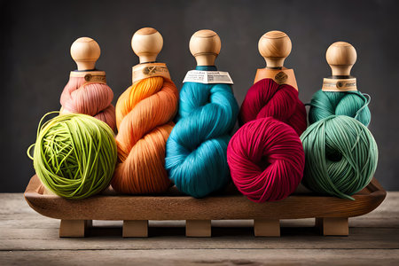 Skeins, hanks, balls and colored wool yarns. Generative AIの素材