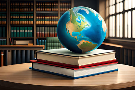 World book day a world globe standing on a stack of books on a desk in a classroom illustration. Generative AIの素材