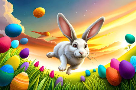 A Colorful Easter Bunny And Joyful Jumps With Many Eggs. Generative AIの素材