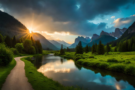 Beautiful Landscape In The Mountain With A River And Many Vegetation. Generative AIの素材