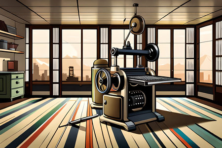 Whimsical Vector Style Art Of A Printing Press With Cartoonish Elements And Bright Colors. Generative AIの素材