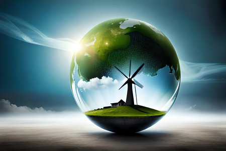 World Environment And Earth Day Concept With Glass Globe, Windmills And Eco Friendly Enviroment. Generative AIの素材