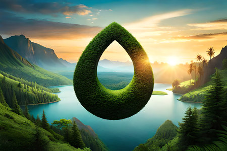 Water Drop In Earth Shape With Green Leaves In The Jungle. World Environment Day. Generative AIの素材
