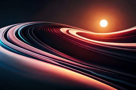 Abstract Fluid 3D Renders Curved Waves In Motion Dark Background. Gradient Design Element For Banners, Backgrounds, Wallpapers, And Covers. Generative AIの素材