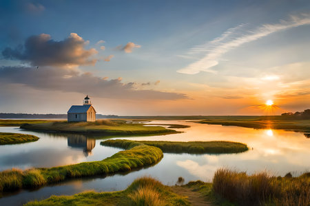 A Soft Peaceful Marsh Scene On Martha'S Vineyard. Generative AIの素材