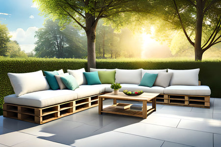 Summer Patio Or Outdoor Lounge Area With Adorable, Comfortable Pallet Furniture And Bright Cushions. Generative AIの素材