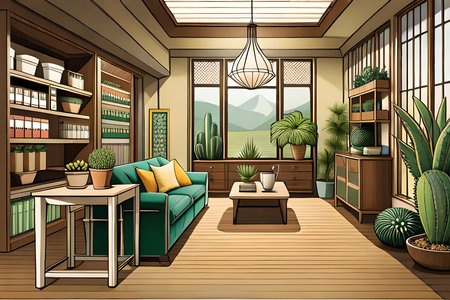 Set Of Flowers In Pots, Variations Of Cacti, Hanging, Macrame, And Potted Plants In A Green And Yellow Palette, Illustration. Generative AIの素材