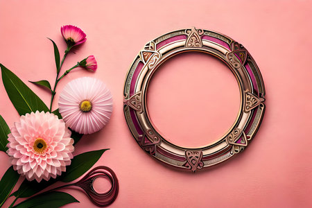 Top View Of Frame With Flowers On Pink Background. Generative AIの素材