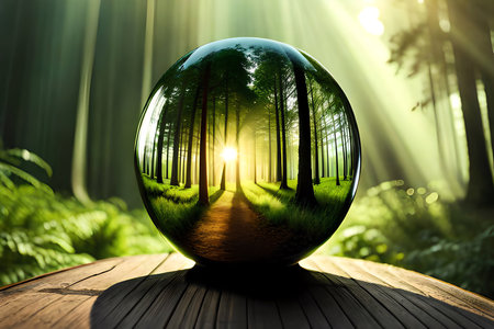 The Green Forest And Sun Light Captured Through A Crystal Lens Ball. Generative AIの素材