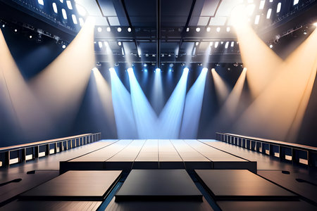 An Empty Metallic Stage With Lights And Atmospheric Smoke. Generative AIの素材