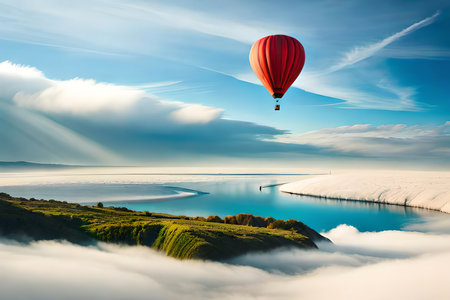 A Picturesque Scene Of A Hot Air Balloon Floating Among A Light Blue And White Clouds Background. Generative AIの素材
