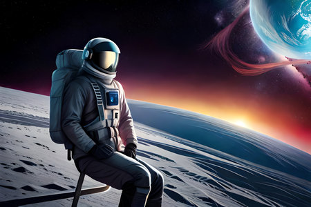 Astronaut Skeleton On The Moon Space Nebula Colorful Illustration. Generative AIの素材