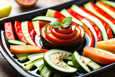 Macro Shot Of A Ratatouille Dish, With The Focus On The Beautiful And Intricate Pattern Created By The Sliced Vegetables. Generative AIの素材