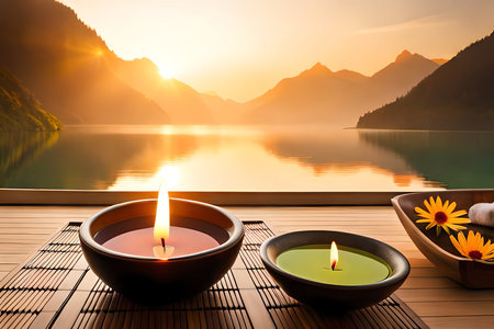 Candle Light And Flower In Spa Room Abstract Background. Relaxation Concept. Generative AIの素材