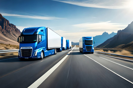 Futuristic Trucks Fleet On Highway With Full Self Driving System Activated For Transportation Autonomy Concepts As Wide Banner With Copy Space Area -. Generative AIの素材