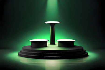 Illustration 3D Of A Round Podium. Product Design Showcase Pedestal Empty Showcase Promo Mockup Black And White Stage With Green Dark Background. Generative AIの素材