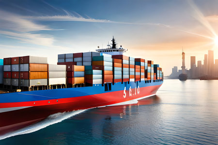 Cargo Container Ship Floating From A Cargo Yard Port. Generative AIの素材