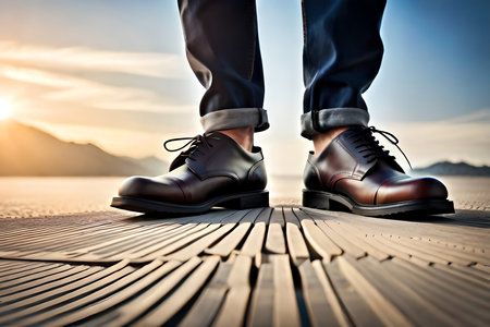 A Constuction Worker Is Wearing Leather Safety Shoe, Standing On The Sand Ground At Construction Working Site. Image. Generative AIの素材