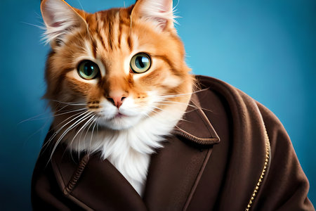 Adorable Cute Cat With Surprised Expression Isolated On Blue Background With Copy Space. Generative AIの素材