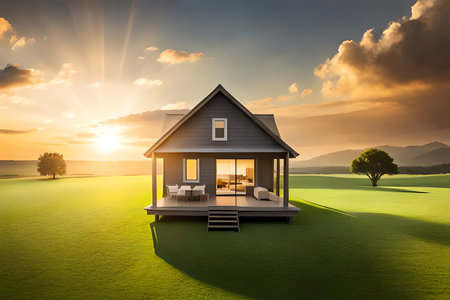 Small Model Home On Green Grass With Sunlight Background. Generative AIの素材