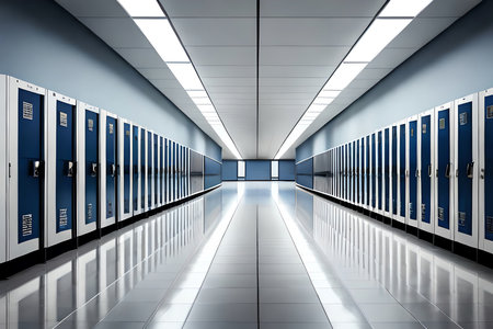 Empty School Corridor With Line Up Lockers. Technology. Generative AIの素材